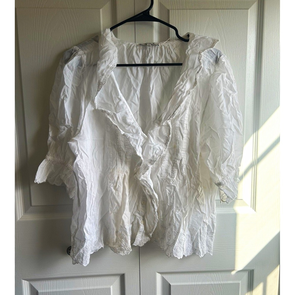 Madewell Women's XL White Woven Cotton V-Neck Ruffle Lace Trim Puff Blouse